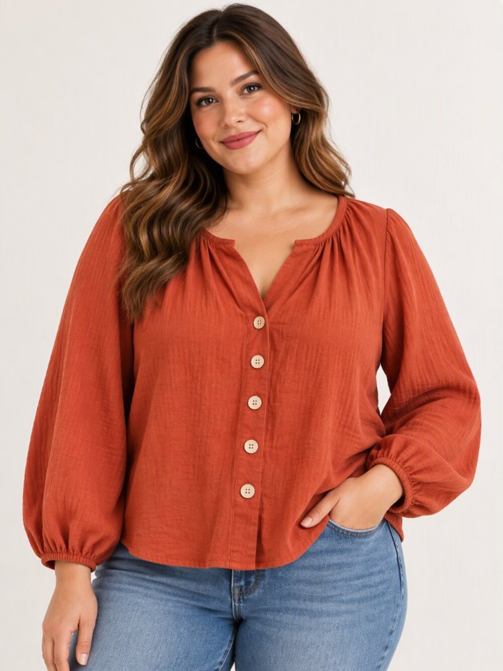 Linen Button-Front Women's Top Terracotta Orange Fall Boho Romantic Cottagecore